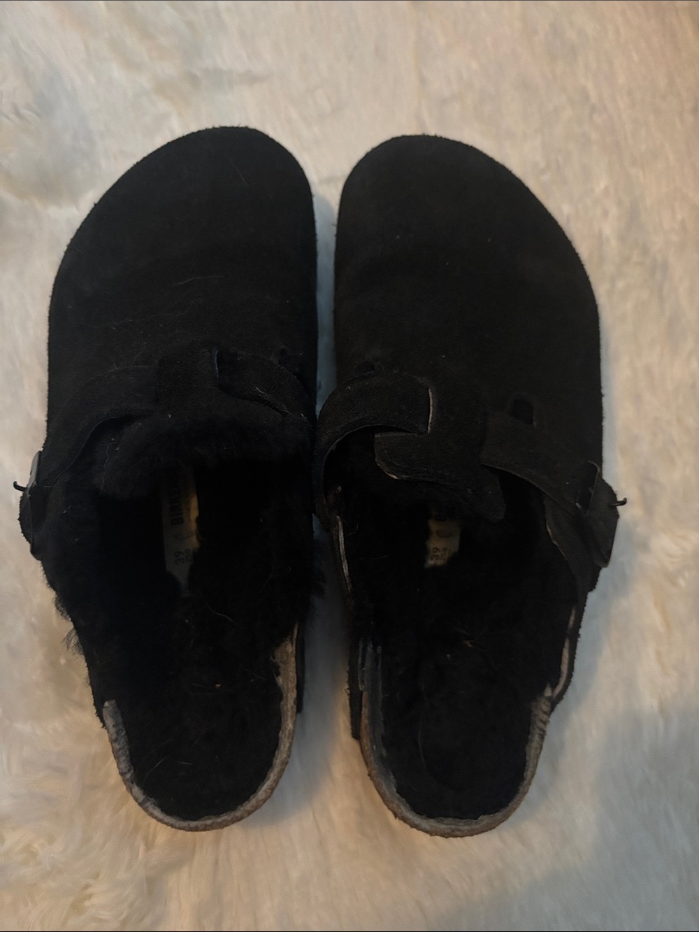 Birkenstock Black Suede Shearling Clogs